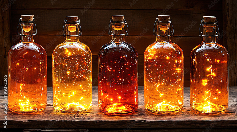 Poster glowing jars filled with liquid light displayed on wooden shelf in cozy rustic environment. generati