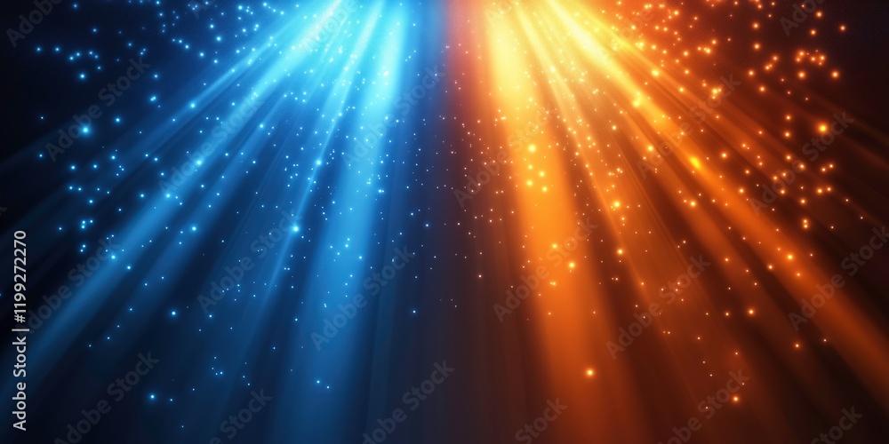 Poster celestial convergence: two opposing beams of light, one cool blue and the other warm orange, converg