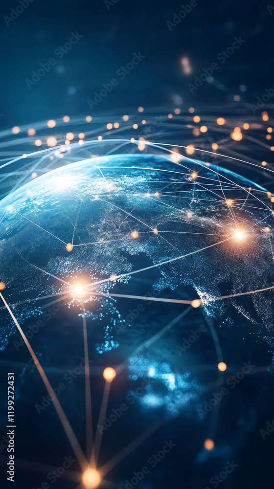 Poster global network and data exchange visualized with glowing lines and dots surrounding planet earth, sy