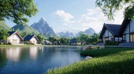 Fototapeta premium Tranquil Mountain Village by the Lake