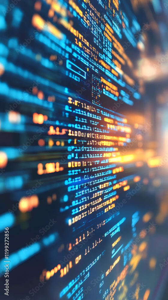 Aufkleber Programming code scrolling across digital display, bathed in vibrant blue and orange lighting, representing software development process