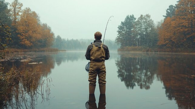 A dedicated fisherman stands in rubber waders, focused on casting his line into the calm waters of a serene river