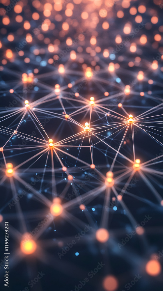 Poster glowing network nodes are connected by lines, forming a complex and interconnected structure