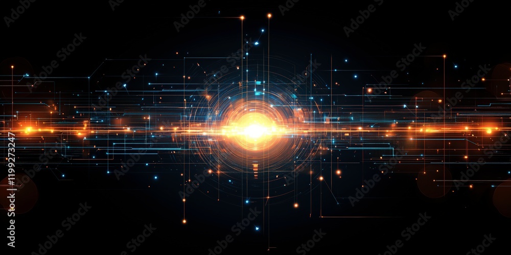 Poster digital galaxy: abstract digital art depicting a glowing orb at the center of a network of interconn