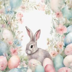 Obraz premium Watercolor Easter bunny with flowers and eggs around it, pastel colors, cute rabbit