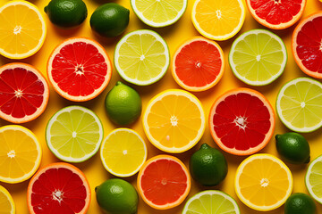 Citrus Fruits Background flat lay on yellow Background