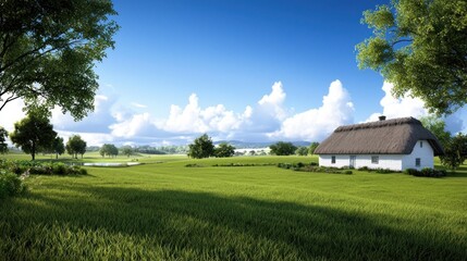 Obraz premium Peaceful Cottage in Green Field