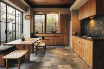 Fototapeta premium Modern Minimalist Kitchen with Wooden Cabinets and Dining Area