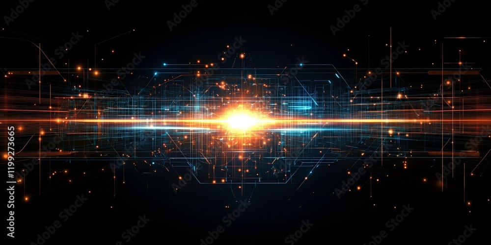 Poster digital burst: abstract digital art depicting a vibrant burst of light and energy, with glowing part