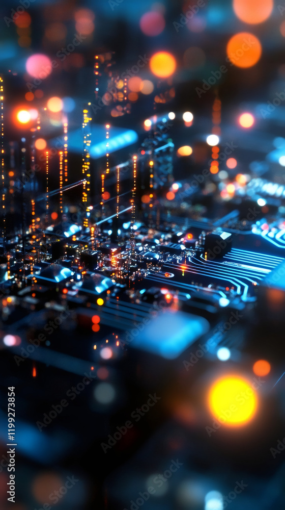 Aufkleber Digital binary code streaming onto printed circuit board, representing high-tech data transfer and technological innovation