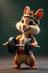 A cartoon chipmunk holding a barbell in his hands