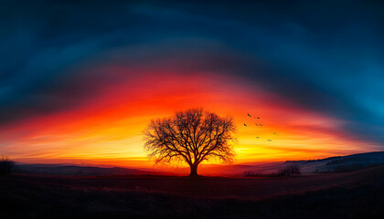 Fototapeta premium Serene sunset landscape featuring a lone tree silhouetted against a vibrant, fiery sky. Birds fly overhead, adding to the tranquil scene.