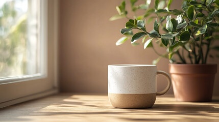 Warm morning light shines on a cup of coffee beside a green plant in a cozy space