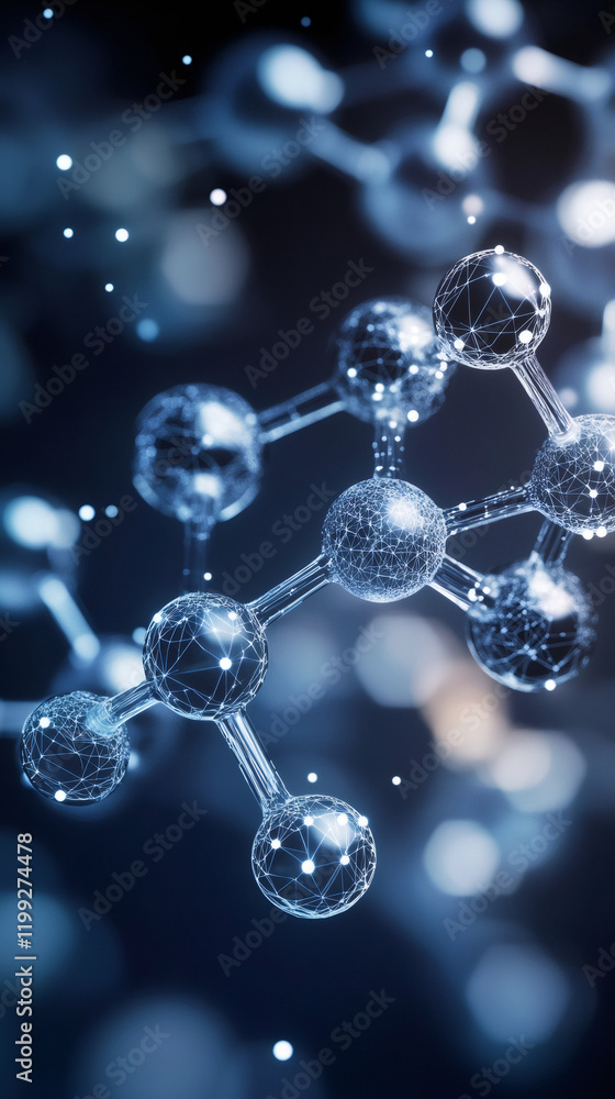 Poster abstract molecule structure with glowing links forming complex chemical compounds on a dark blue bac