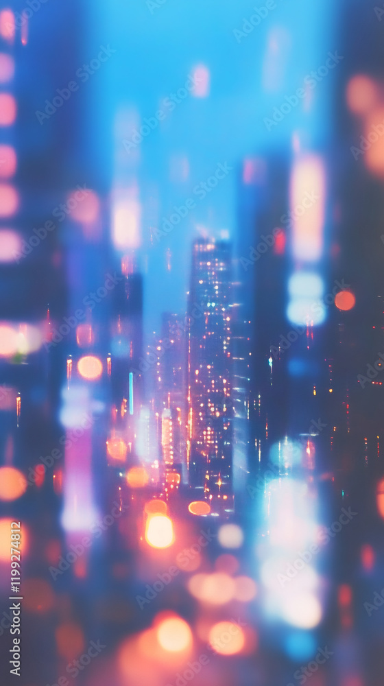 Poster blurred city lights create a magical bokeh effect, transforming the night cityscape into an abstract