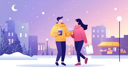 Cozy Evening Stroll in Winter Wonderland with Warm Drinks and Joyful Interactions Between Fashionable Couples