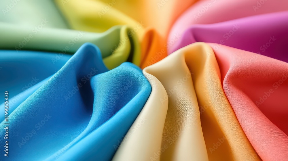 Poster a swirling array of colorful fabrics in pastel hues creating an abstract design