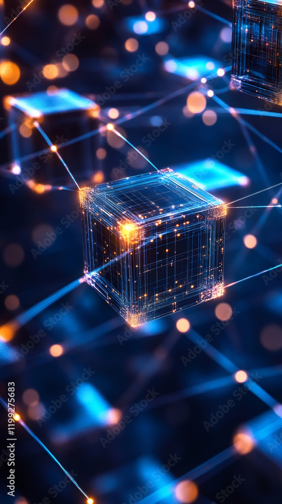 Poster luminous digital cubes networking, interlocking blockchain elements visualizing secure data transmis
