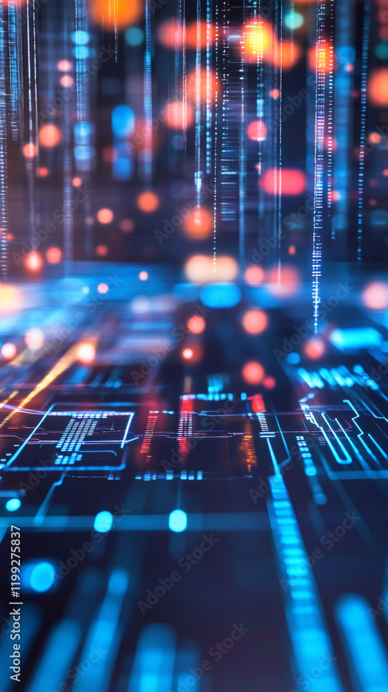 Poster Colorful digital rain cascading on a circuit board creates a futuristic background ideal for computing and programming projects