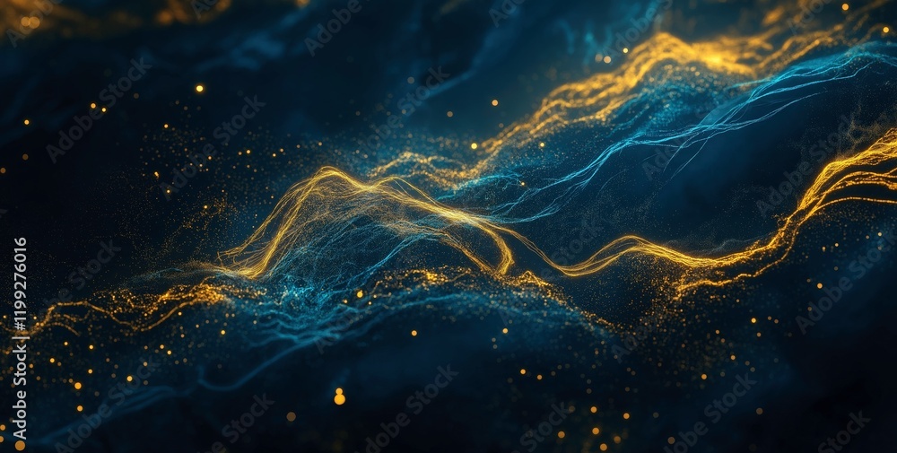 Poster abstract gold and blue energy: dynamic swirling forms of gold and blue energy create a mesmerizing a