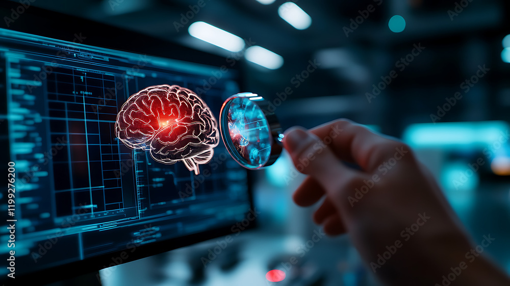 Poster hand holds magnifying glass over brain displayed on computer screen, highlighting a specific area.