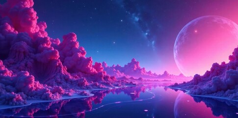 Fototapeta premium Ethereal Pink Cloudscape Reflecting in a Tranquil Celestial Lake Under a Giant Pink Moon and Starry Night Sky