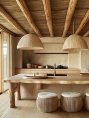 Fototapeta premium Rustic Kitchen Island with Wooden Beams and Woven Lights
