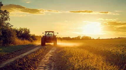 Fototapeta premium Sunset Tractor Ride: Golden Hour Agriculture