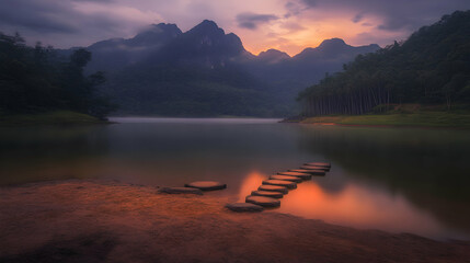 Fototapeta premium Serene sunset over a tranquil lake, stone steps leading into the water, majestic mountains in the background. A peaceful and picturesque landscape.