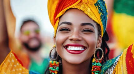 Fototapeta premium Joyful woman in vibrant clothing celebrating with a bright smile at a cultural festival outdoors