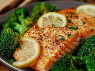 Tasty close-up of roasted salmon fillet with a caramelized crust, lemon slices, broccoli. Healthy high protein green natural food. high-end commercial food photography style.