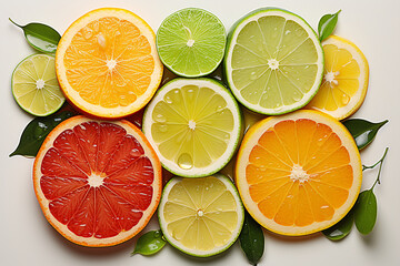 Obraz premium Beautiful citrus fruits pattern such as orange and lemon, flat lay on white background