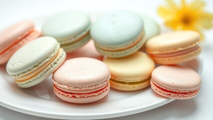 Obraz premium Pastel Macarons on White Plate - Delightful Dessert