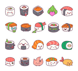 Sushi character set with kawaii cartoon emotions, cute smiling faces, different poses and food themed items for friendly creative design illustrations and decoration elements