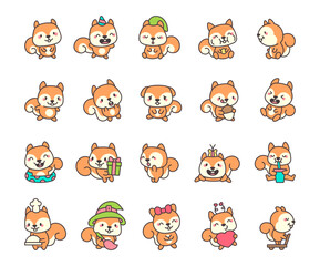Fototapeta premium Squirrel animal set featuring various poses and accessories for adorable kawaii cartoon characters in festive and cheerful scenes with smiling, sitting, sleeping, and celebrating emotions.