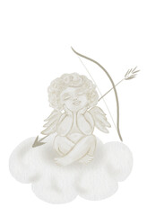 Watercolor Cupid. Hand drawn little Cherub in pastel colors on a white background. Angel baby. Clip art religious. Perfect for Valentine's Day and Christening cards and posters. High quality