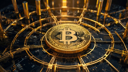 Obraz premium Golden Bitcoin symbol surrounded by futuristic digital technology elements and glowing blockchain connections
