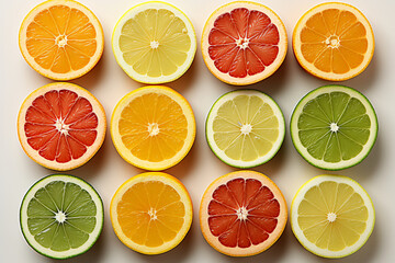 Obraz premium Beautiful citrus fruits pattern such as orange and lemon, flat lay on white background