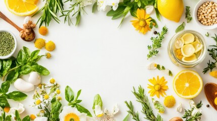 Fresh herbs, flowers, and citrus fruits arranged in a circular layout on a white background