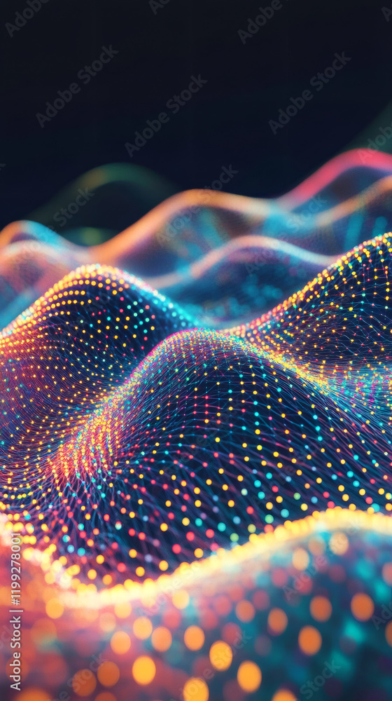 Poster Particle network forming a colorful digital landscape, representing big data, artificial intelligence and blockchain technology
