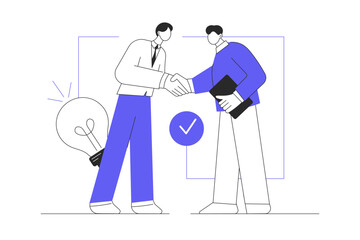 Business making concept. Businessmen shake hands and make deal on partnership, generate new ideas and solutions. Flat Cartoon Vector Illustration, icon. Stylish abstract Modern