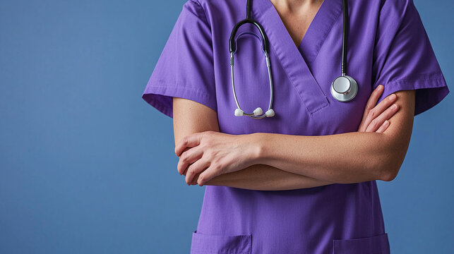 Professional healthcare worker in purple scrubs with stethoscope