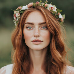 Naklejka premium Portrait red haired woman wearing a floral crown, soft natural light