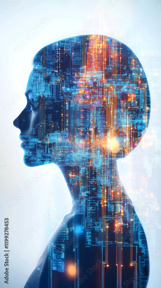 Poster Artificial intelligence and machine learning concept showing a woman's profile with integrated circuit and programming code