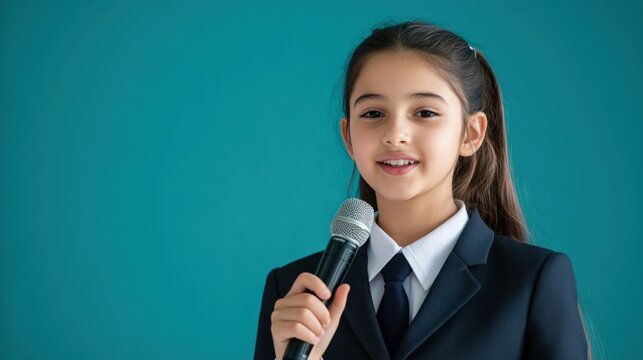 Young girl speaking confidently with microphone in formal attire against a teal background, showcasing talent