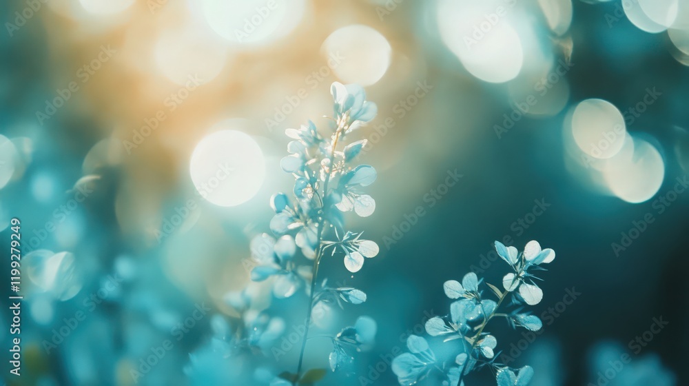 Poster dreamy bokeh background with delicate teal flowers in soft focus creating a serene scene