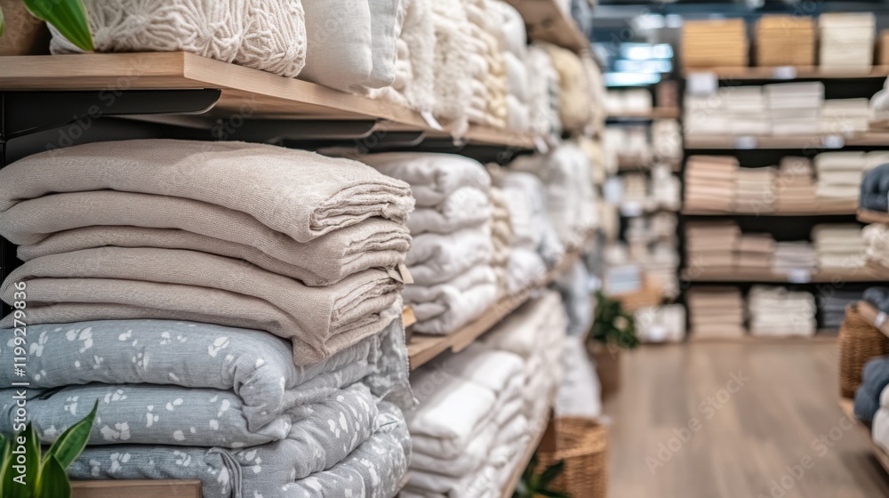 Poster cozy textile display in a modern store showcasing neatly stacked blankets and towels