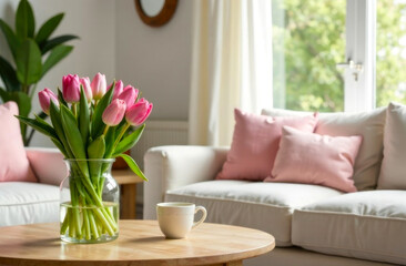 Brightly colored tulips are arranged in a glass vase on a wooden coffee table beside a warm, inviting couch