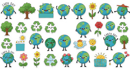 Cheerful earth day drawn icons featuring earth, recycling symbols, and happy nature elements