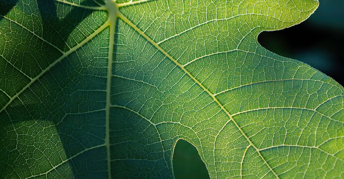 Closeup macro of sunlit lush bright green tropical jungle leaf with detail vein texture, natural green earthy organic, botanical eco backdrop, fig leaves nature background in the sun in summer
